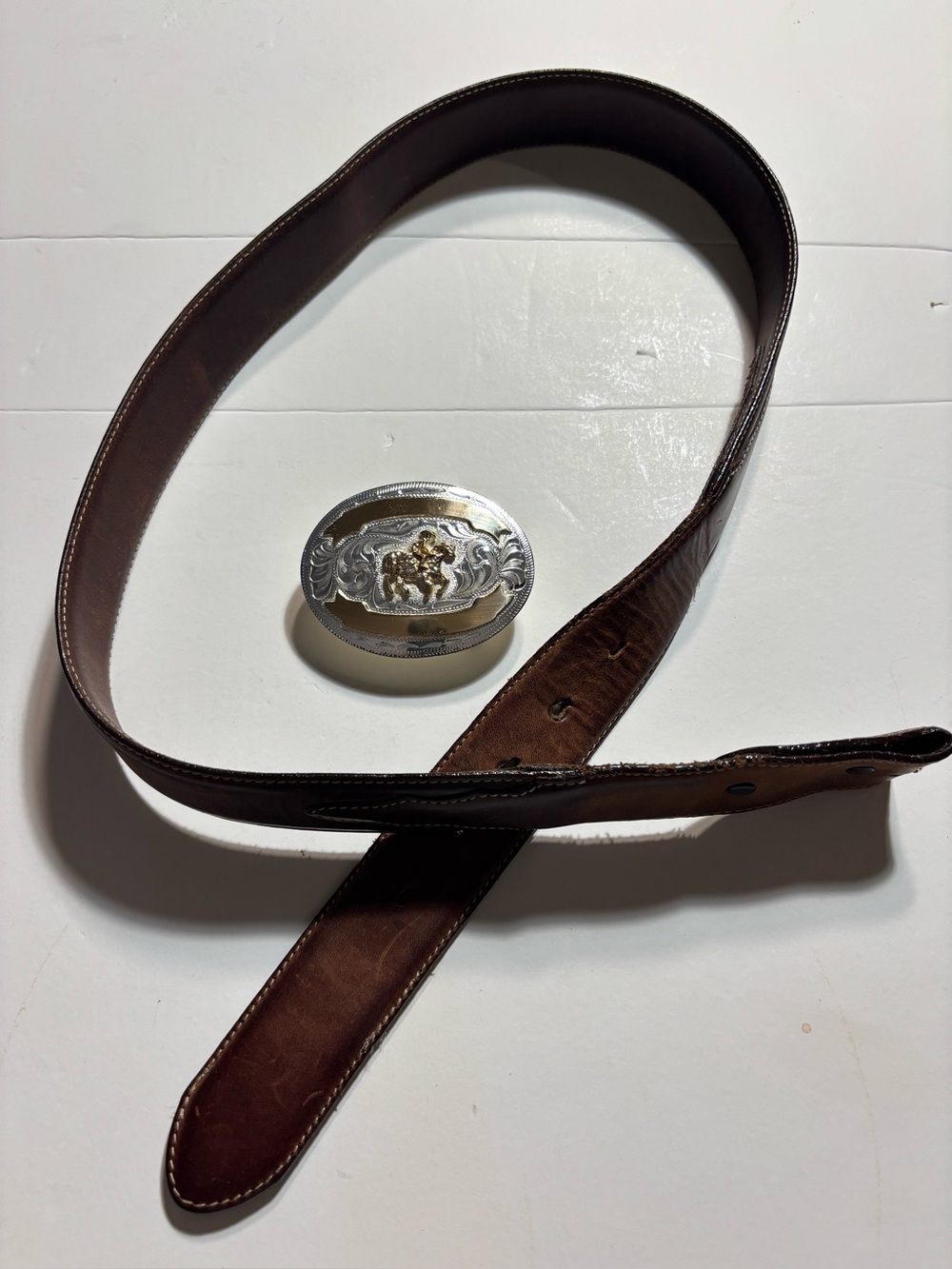 Vintage Justin Mexico Silver & gold Belt Buckle & Silver Creek Belt sz 36 Used!